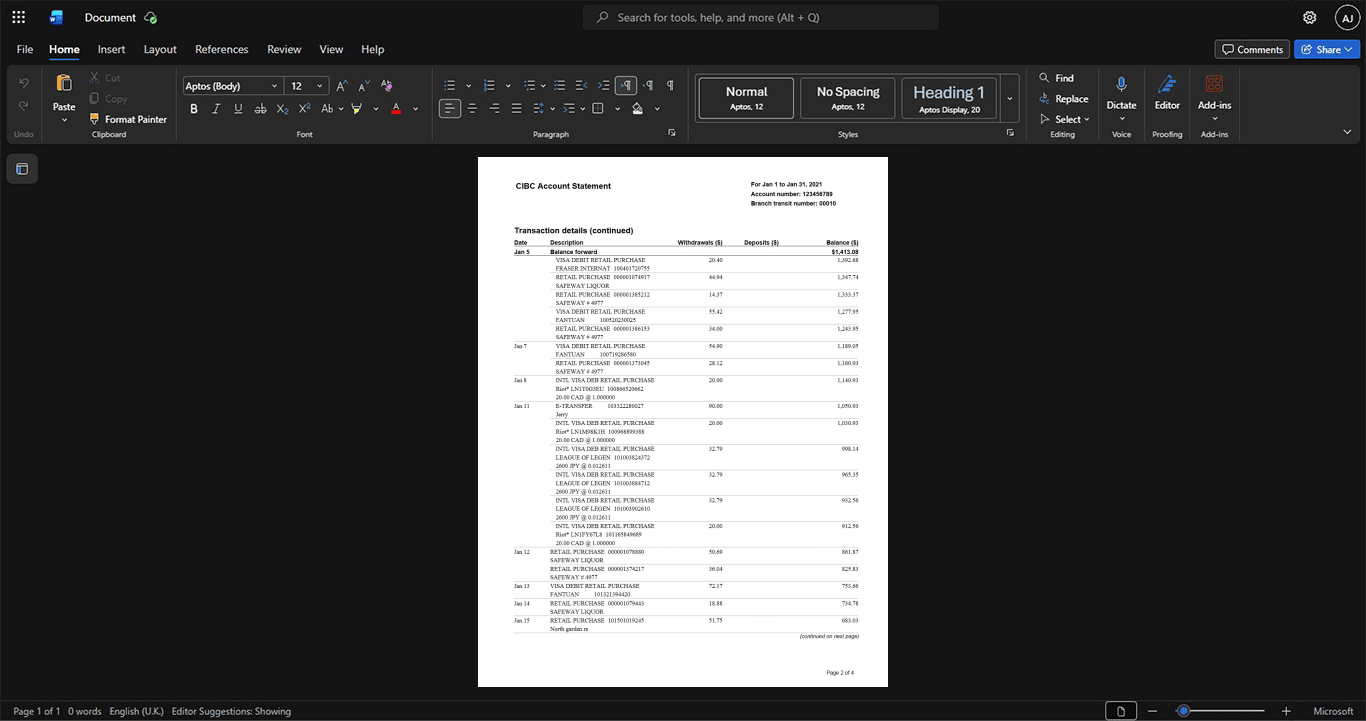Canada Canadian Imperial Bank of Commerce CIBC Bank Statement Template, High-quality design in Word and PDF format, Page 2