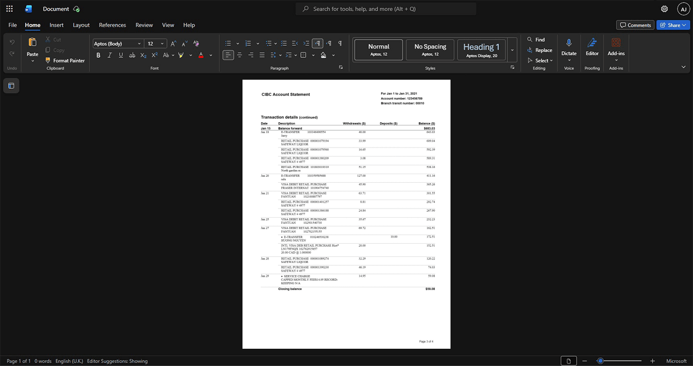 Canada Canadian Imperial Bank of Commerce CIBC Bank Statement Template, Blank template in Word and PDF format, Page 3