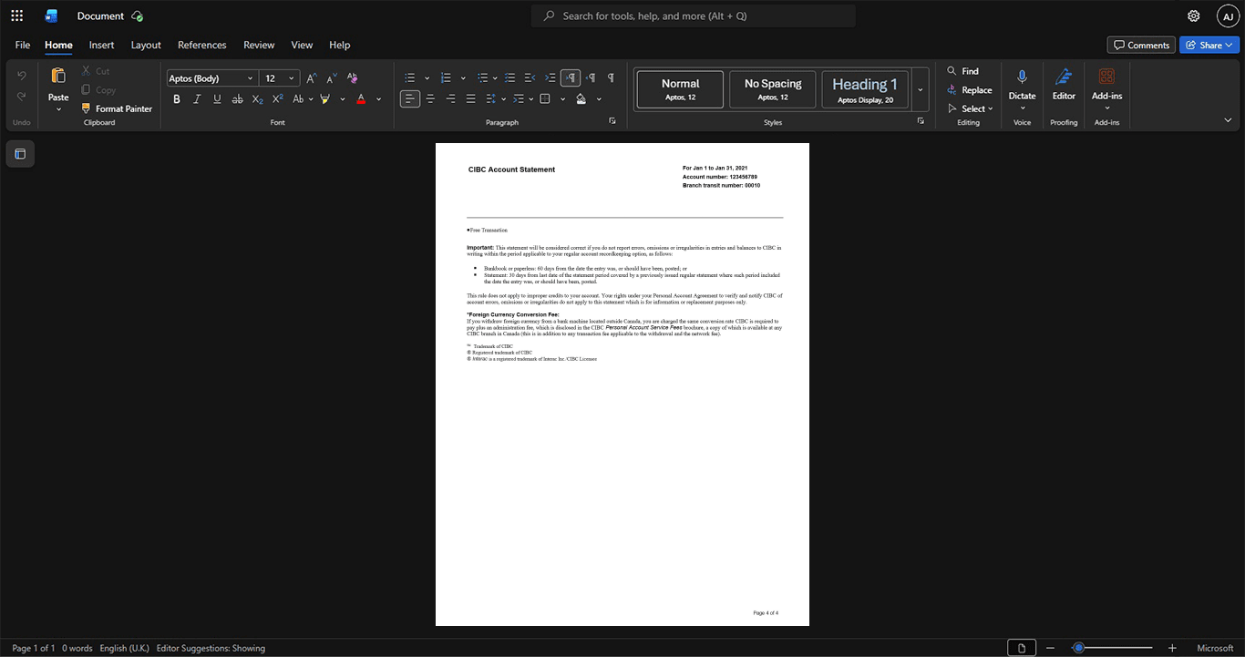 Canada Canadian Imperial Bank of Commerce CIBC Bank Statement Template, High-quality template in Word and PDF format, Page 4