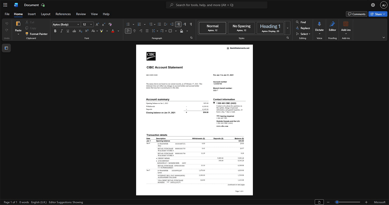 Canada Canadian Imperial Bank of Commerce CIBC Bank Statement Template, Fully structured template in Word and PDF format