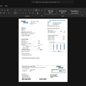 Canada City of Calgary Water Bill Template, Ready to print in Word and PDF format