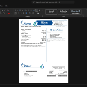 Canada City of Ottawa Water Bill Template, Quick edit digital asset in Word and PDF