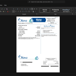 Canada City of Ottawa Water Services Water Bill Template, Professional document in Word and PDF format