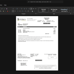 Canada City of Surrey Water Bill Template, Available in editable Word and PDF format