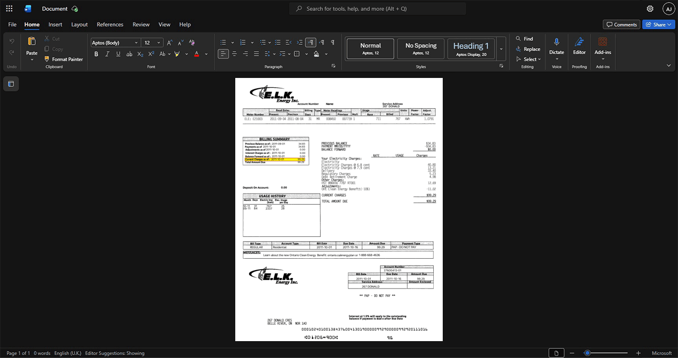 Canada E L K Energy Inc E L K Electricity Bill Template, Corporate style document in Word and PDF formats
