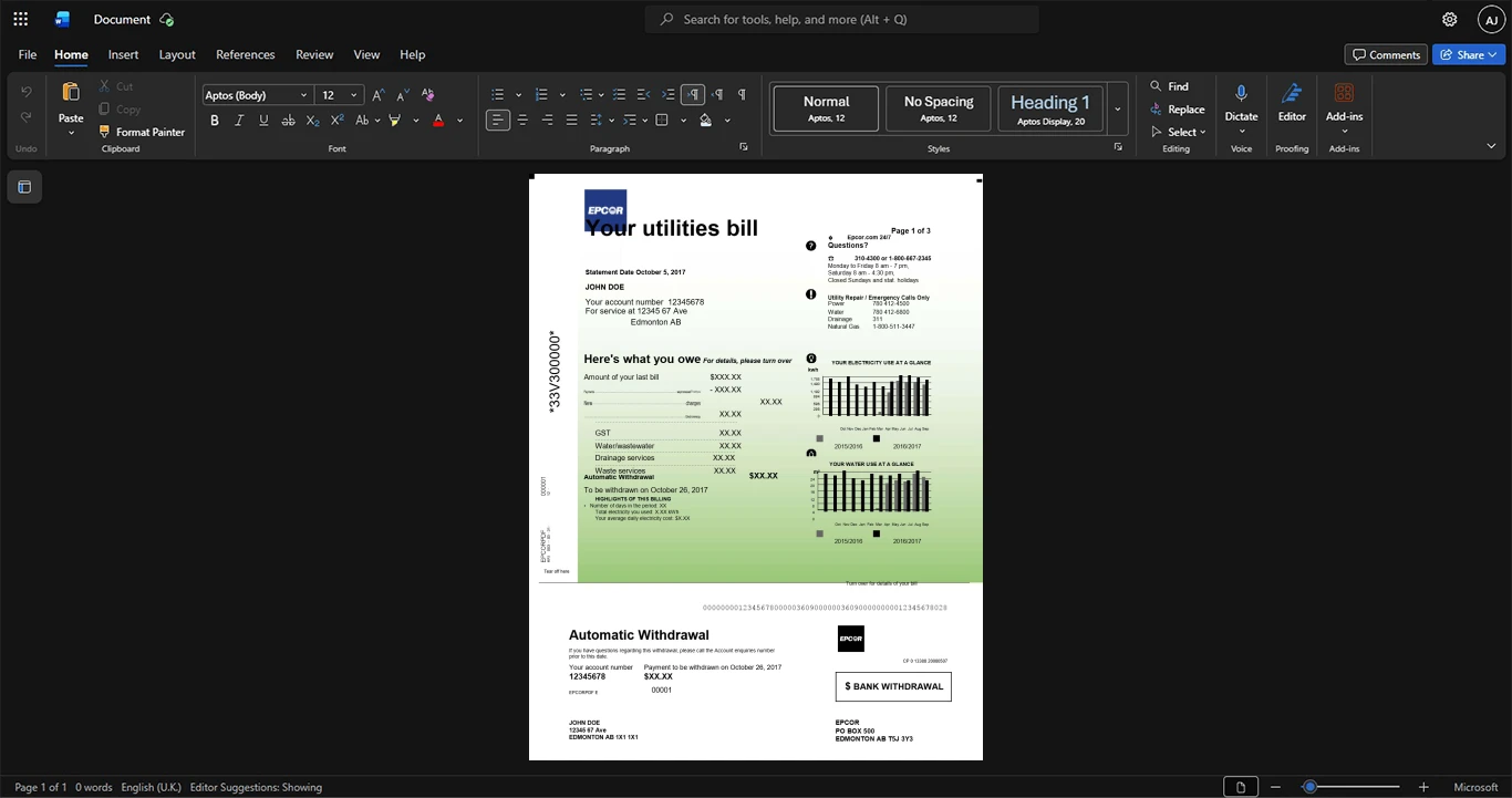 Canada EPCOR Utilities Inc Generic Utility Bill Template, High-quality template in Word and PDF format