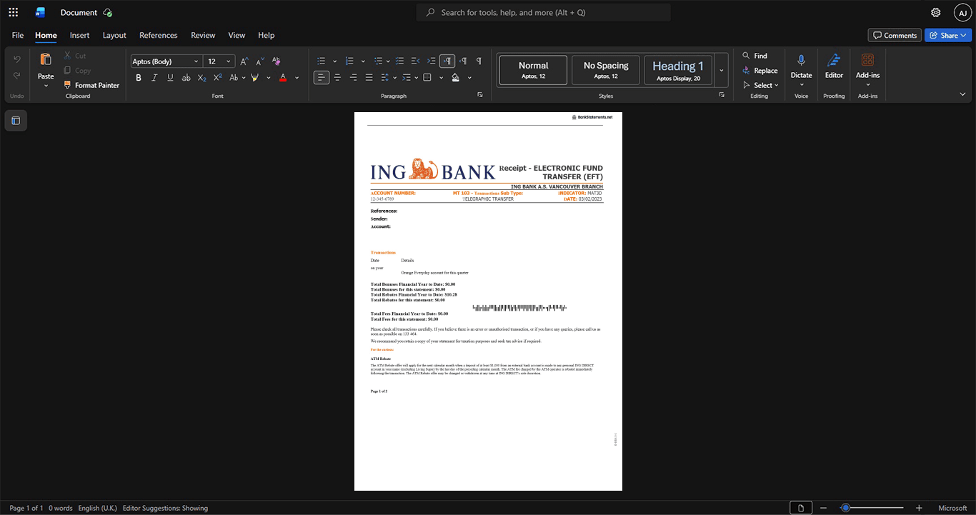 Canada ING Bank Bank Statement Template, High-quality design in Word and PDF format