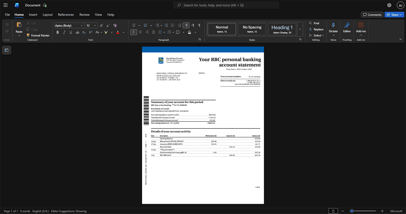Canada Royal Bank of Canada RBC Bank Statement Template, Corporate style document in Word and PDF formats
