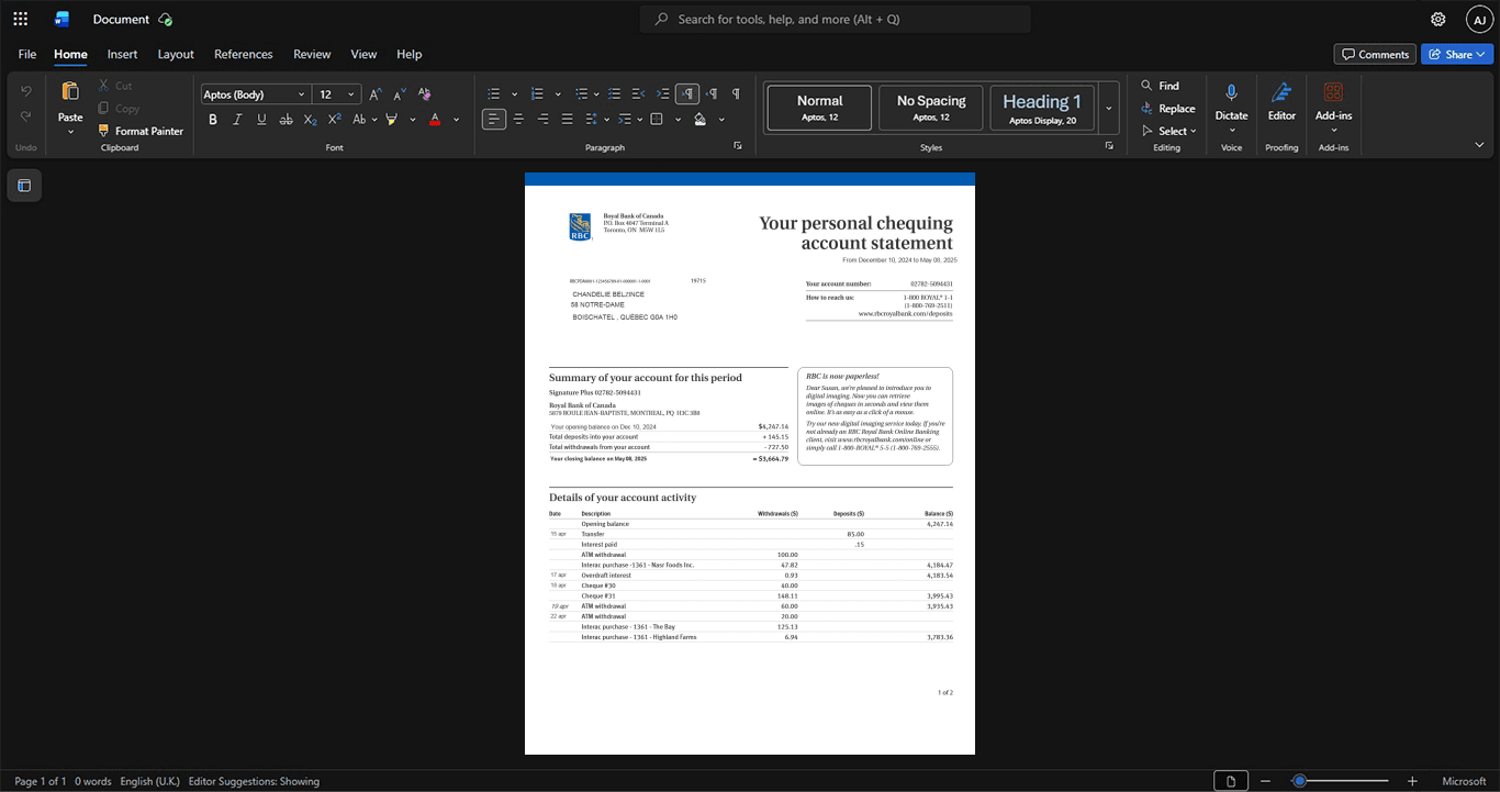 Canada Royal Bank of Canada RBC Bank Statement Template, Premium editable file in Word and PDF formats