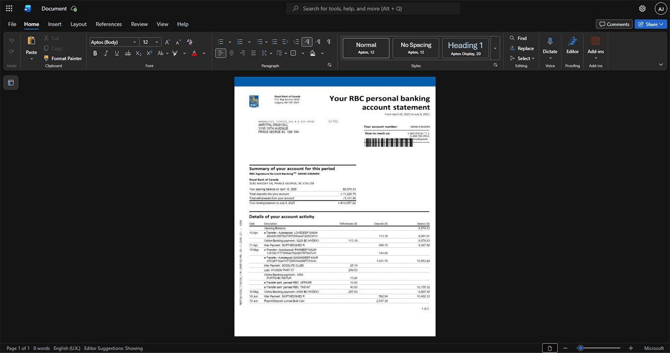 Canada Royal Bank of Canada RBC Bank Statement Template, Customizable document in Word and PDF format