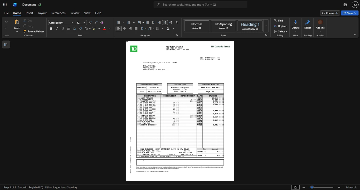 Canada Toronto Dominion Bank TD Business Account Statement Template, Ready to use template in Word and PDF