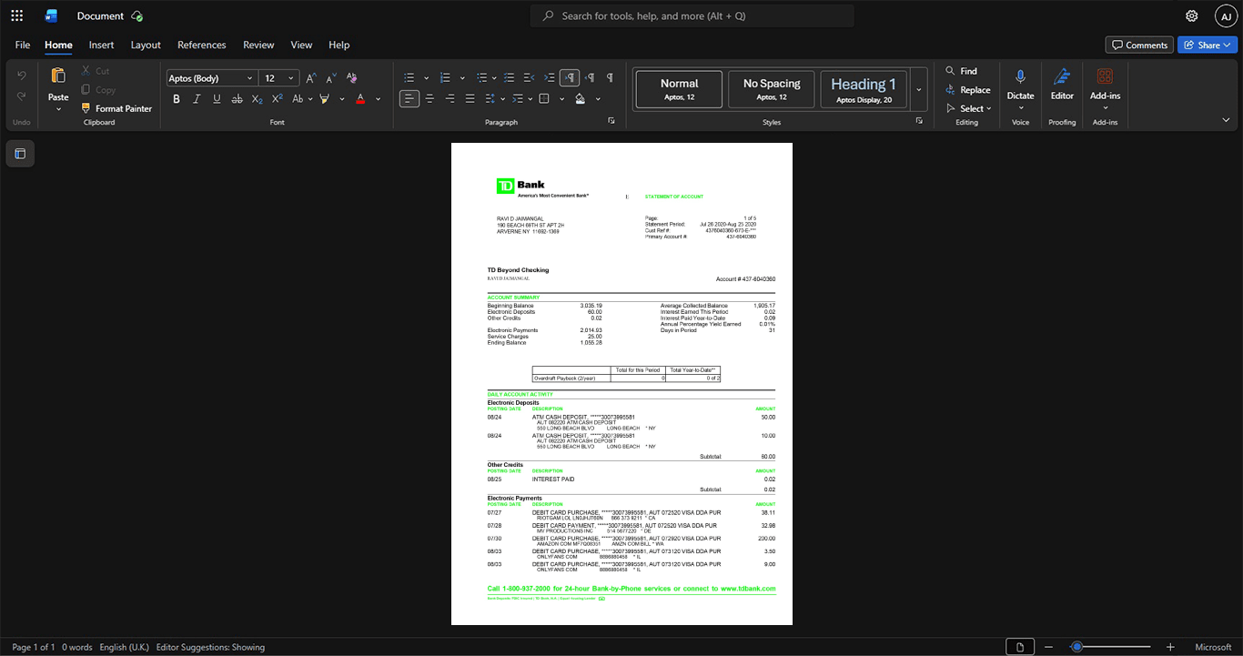 Canada TorontoDominion Bank TD Bank Statement Template, printable document in Word and PDF format