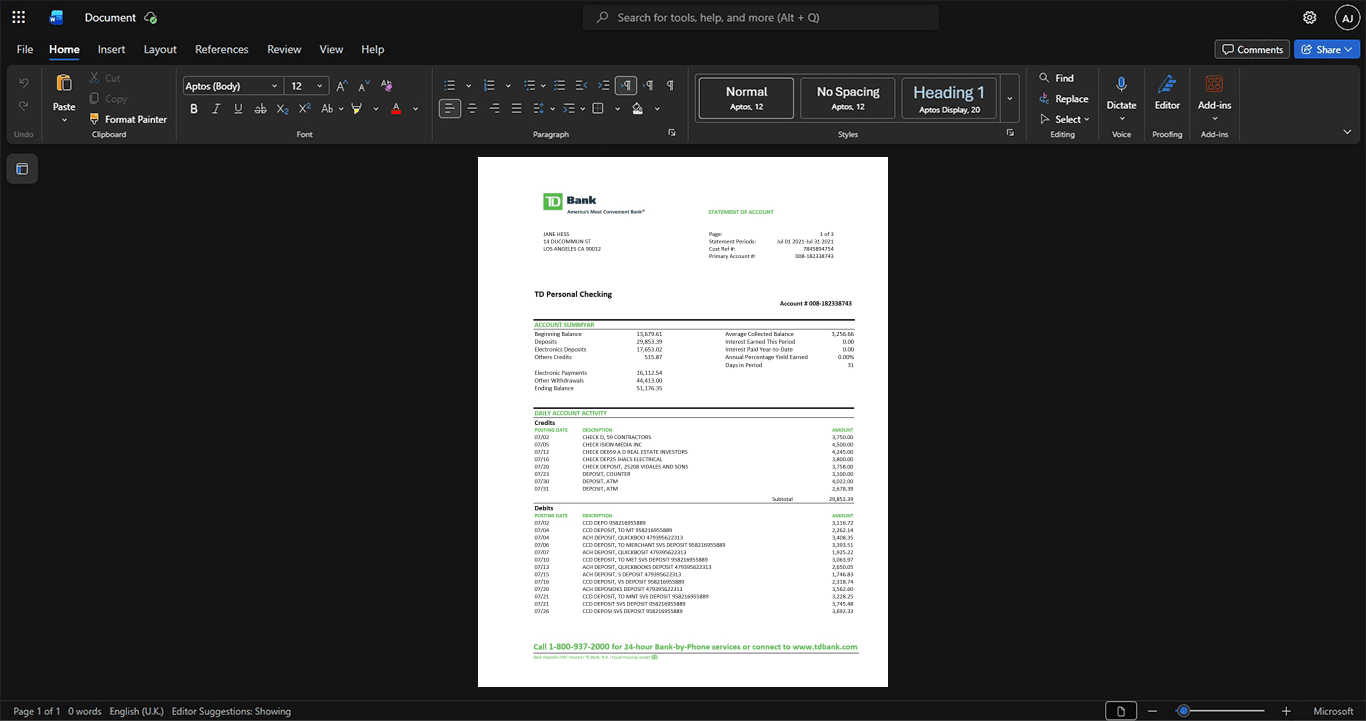 Canada TorontoDominion Bank TD Bank Statement Template, Quick edit digital asset in Word and PDF