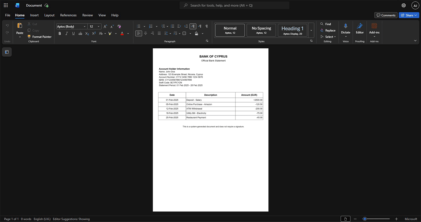 Cyprus Bank of Cyprus Bank Statement Template, Blank template in Word and PDF format