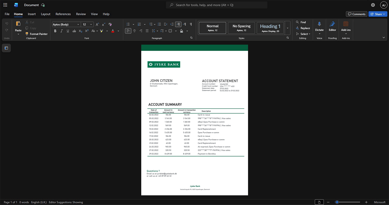 Denmark Jyske Bank Credit Card Statement Template, Premium editable file in Word and PDF formats