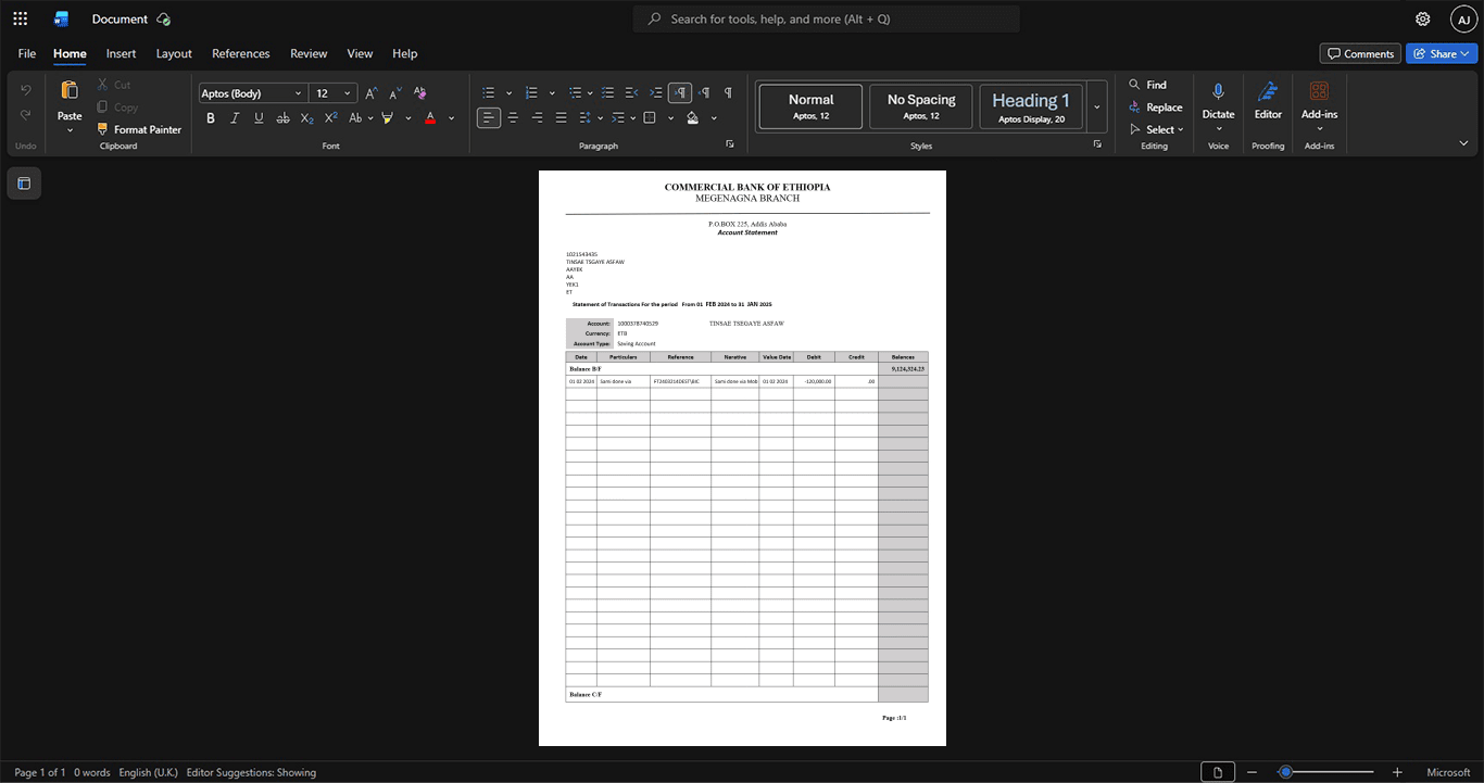 Ethiopia Commercial Bank of Ethiopia CBE Bank Statement Template, Blank template in Word and PDF format