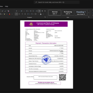 Ethiopia Commercial Bank of Ethiopia CBE Electricity Bill Template, Digital download file preview