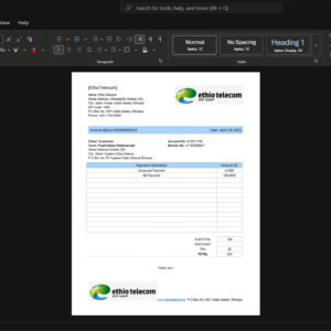 Ethiopia Ethio Telecom Phone Bill Template, Standard layout in DOCX and PDF