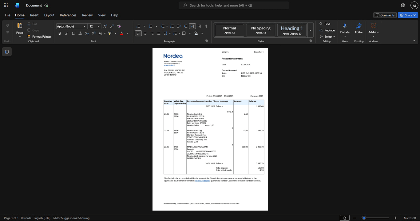 Finland Nordea Bank Bank Statement Template, Digital download template in Word and PDF
