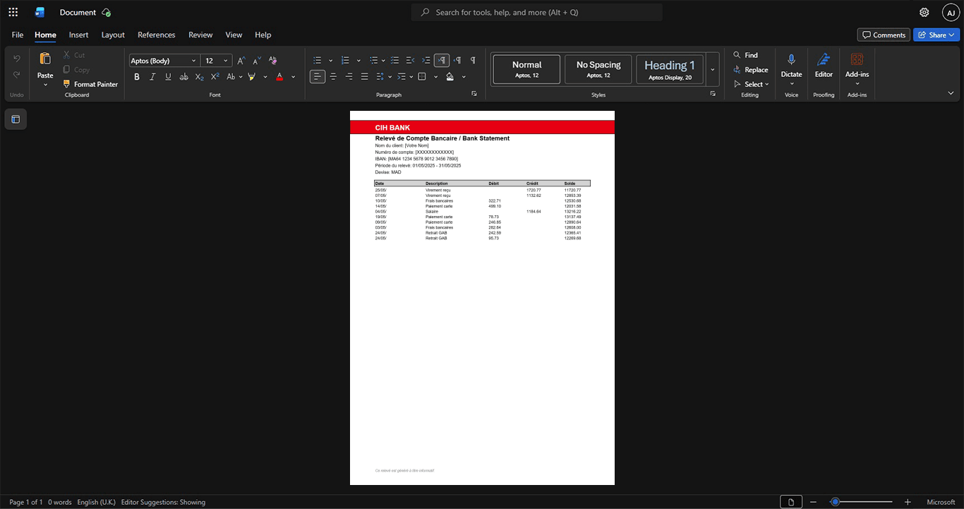 France CIH Bank Bank Statement Template, Customizable document in Word and PDF format