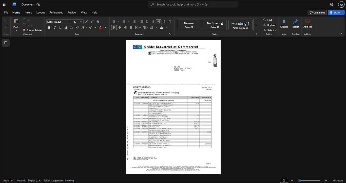 France Cr dit Industriel et Commercial CIC Bank Statement Template, Quick edit digital asset in Word and PDF