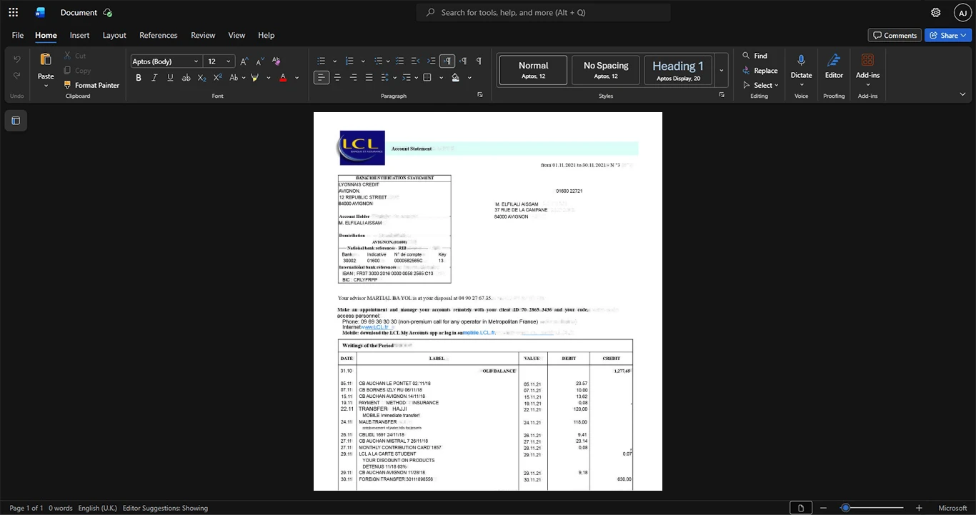 France Cr dit Lyonnais Bank Statement Template, Print-ready template in Word and PDF