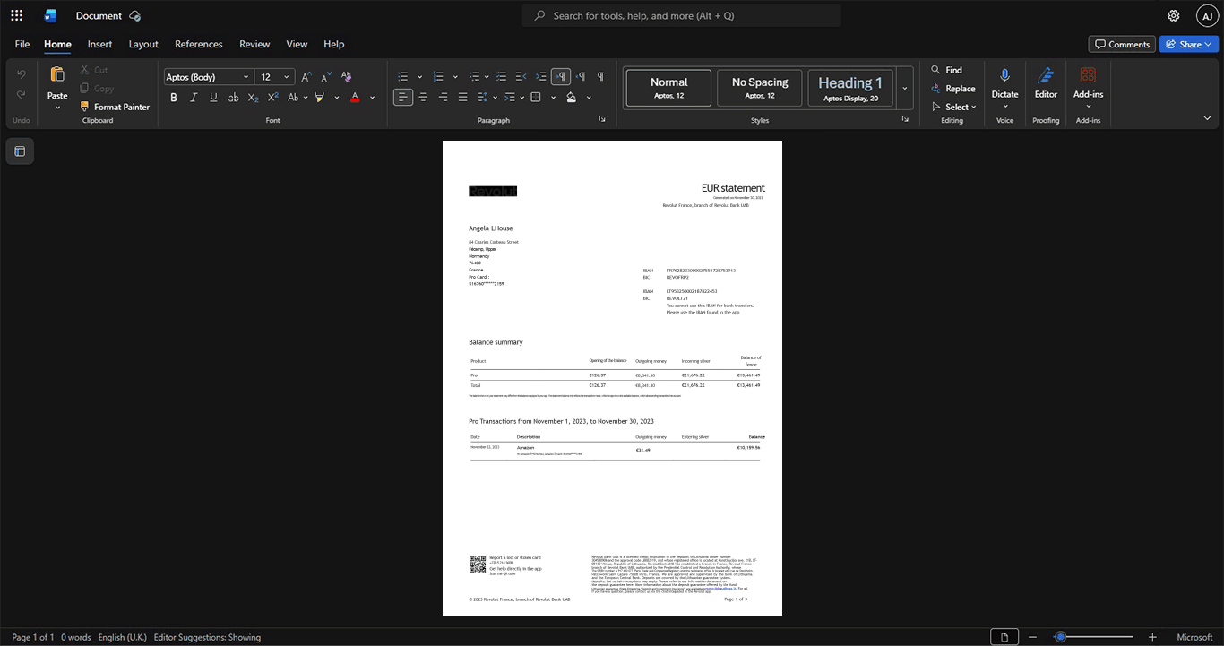 France Revolut Bank UAB Bank Statement Template, Blank template in Word and PDF format