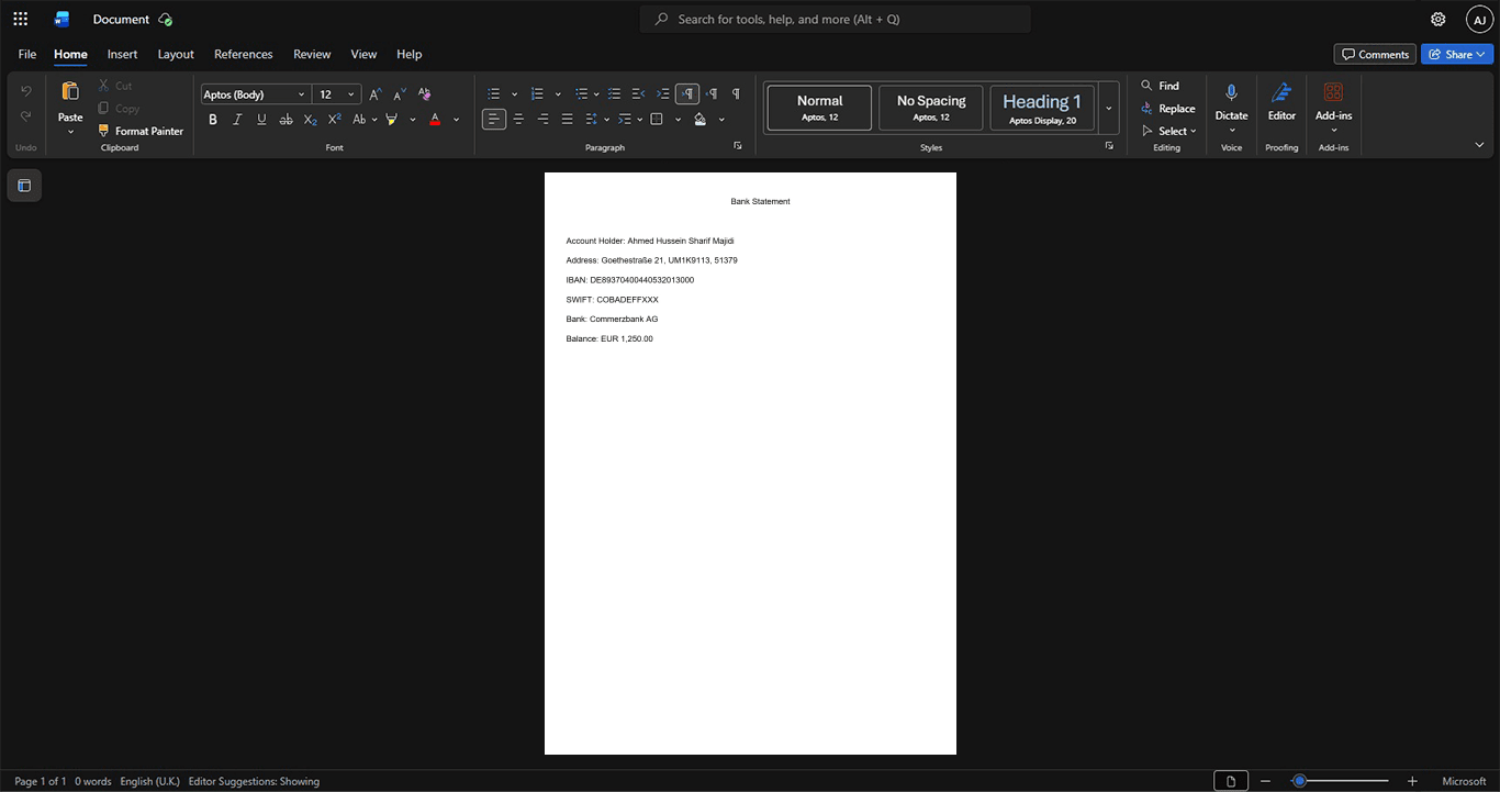 Germany Commerzbank AG Bank Statement Template, Easily modifiable Word and PDF format