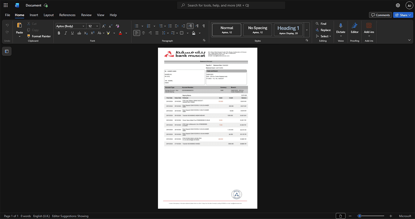Germany Commerzbank Bank Statement Template, Ready to print in Word and PDF format