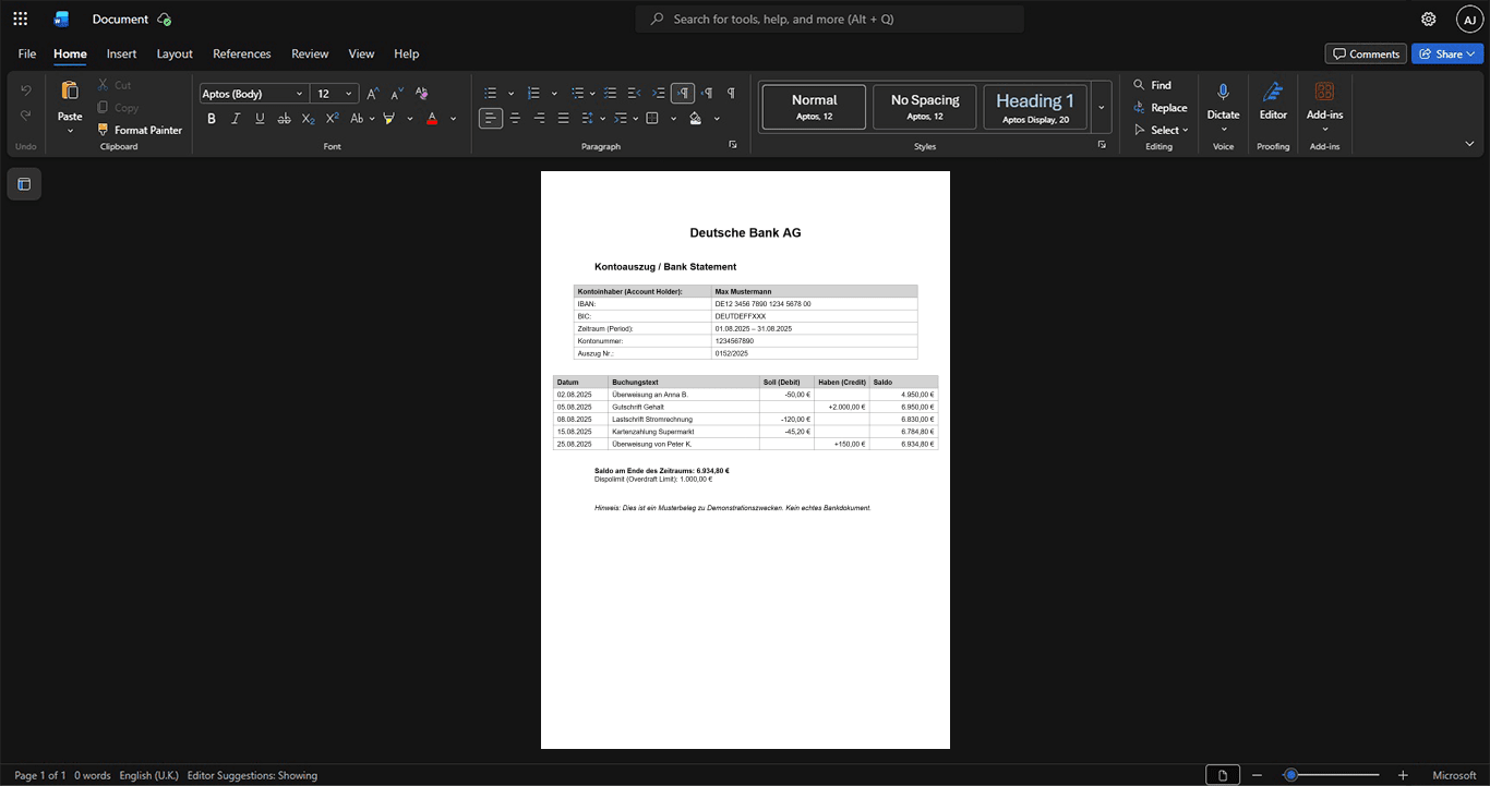 Germany Deutsche Bank AG Bank Statement Template, Ready to use template in Word and PDF
