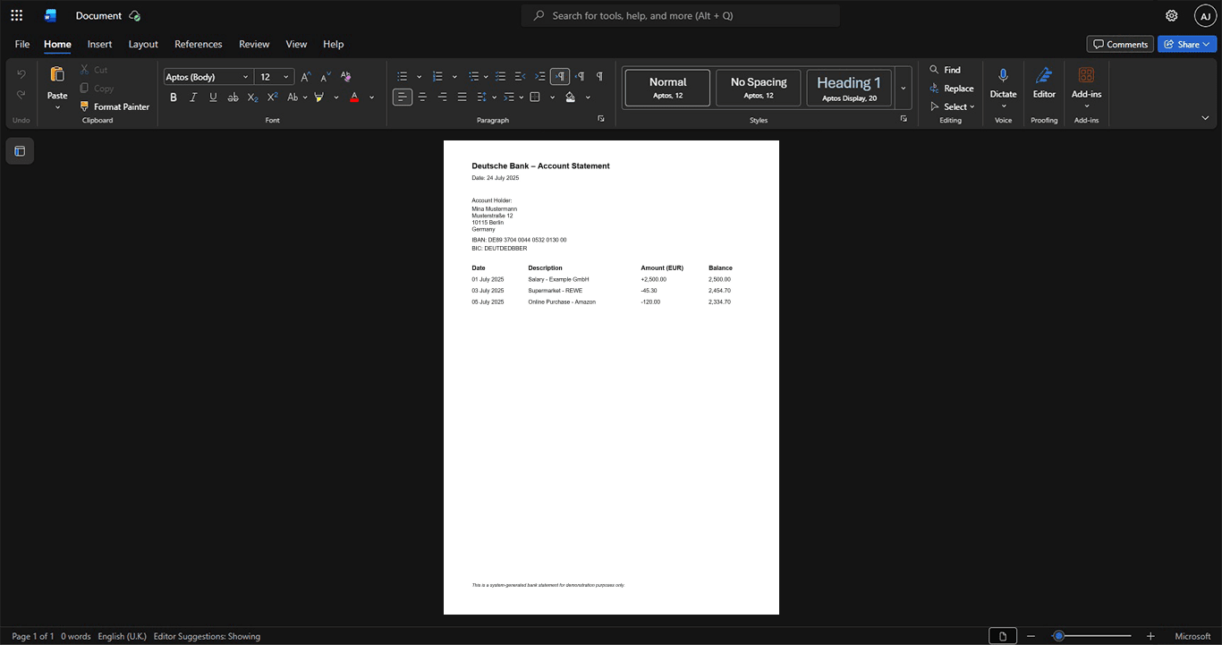 Germany Deutsche Bank Bank Statement Template, Fully editable Word and PDF format