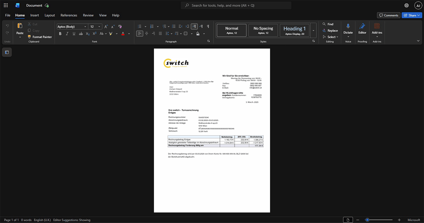 Germany Switch Energy Distribution GmbH Electricity Bill Template, Quick edit digital asset in Word and PDF