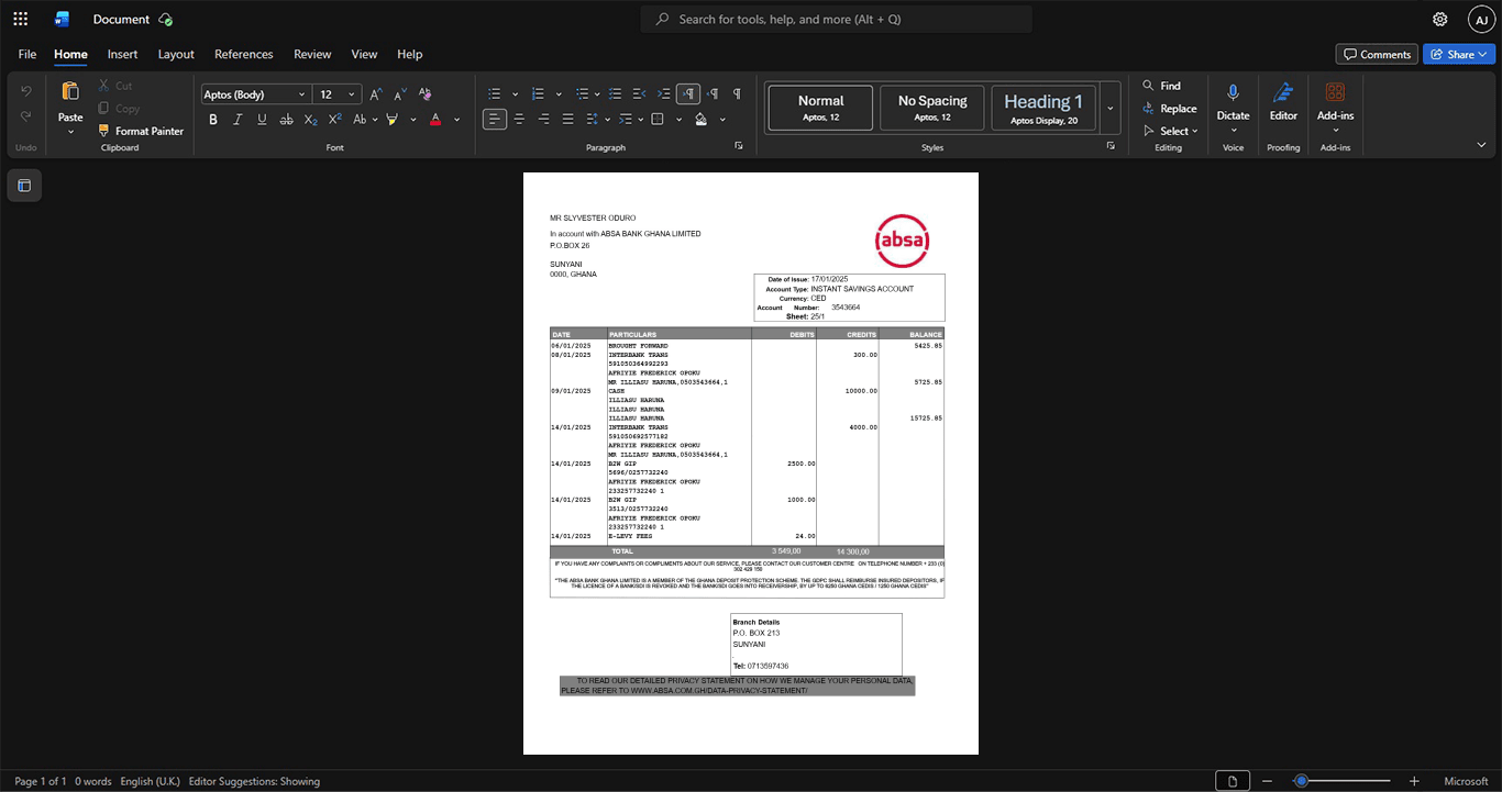 Ghana ABSA Bank Ghana Limited Bank Statement Template, Fully structured template in Word and PDF format