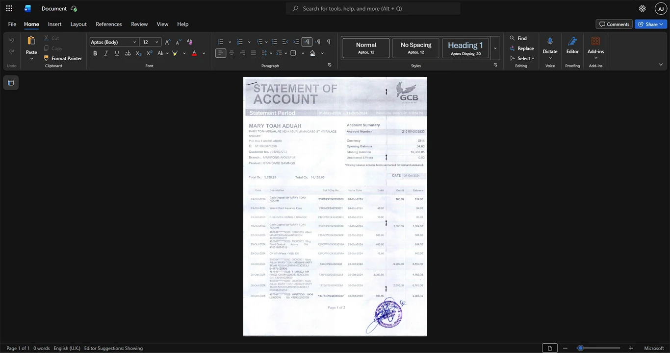 Ghana GCB Bank Limited GCB Bank Statement Template, Premium editable file in Word and PDF formats