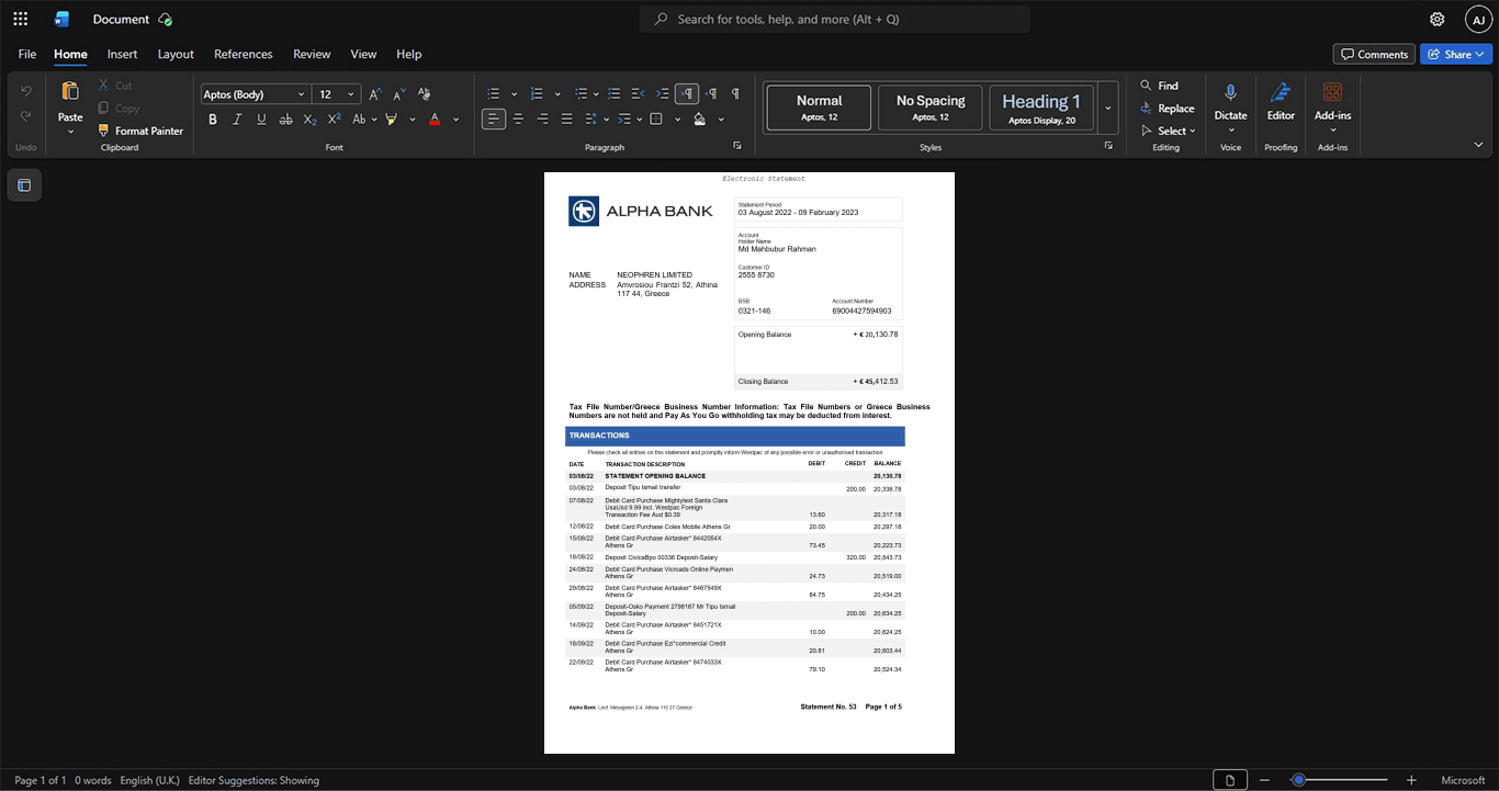 Greece Alpha Bank Bank Statement Template, Customizable layout available in Word and PDF