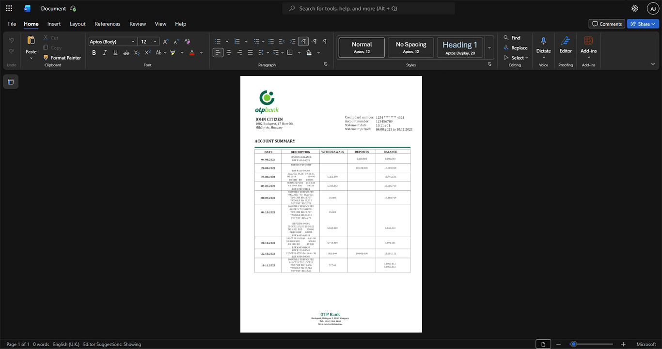 Hungary OTP Bank Credit Card Statement Template, Available in editable Word and PDF format
