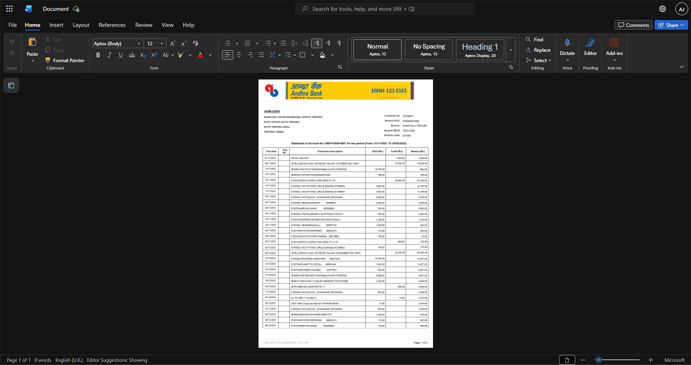 India Andhra Bank Bank Statement Template, Clean typography design in Word and PDF format