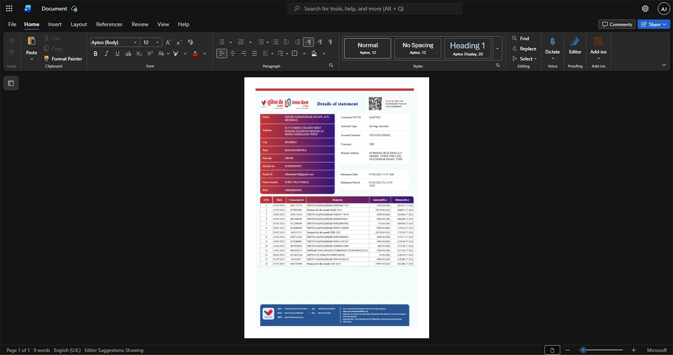 India Andhra Bank Bank Statement Template, High-quality design in Word and PDF format