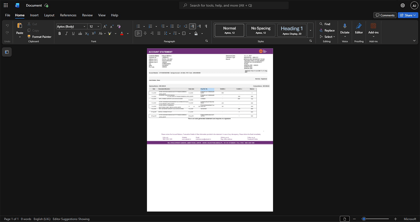 India AU Small Finance Bank AU Bank Statement Template, Corporate style document in Word and PDF formats