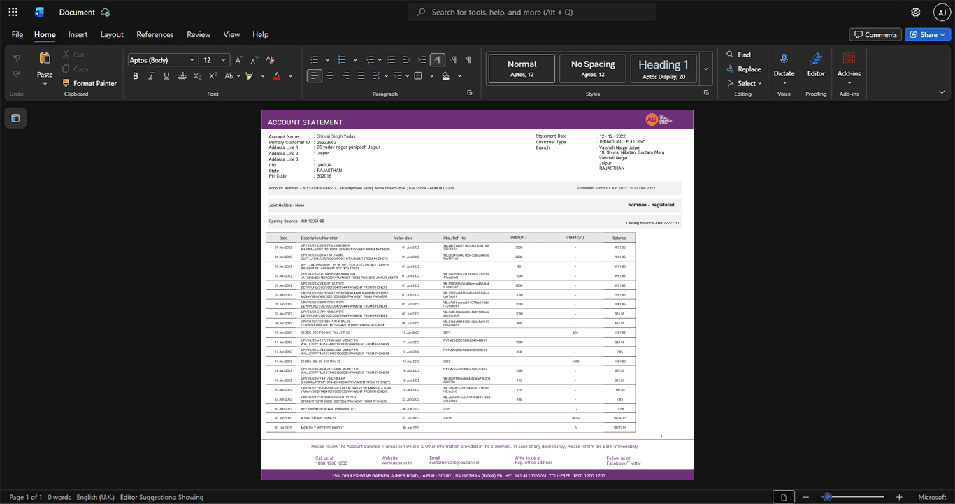 India AU Small Finance Bank Bank Statement Template, Standard layout in DOCX and PDF