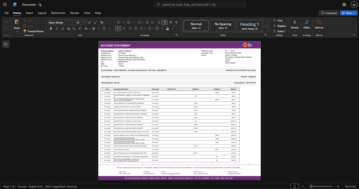 India AU Small Finance Bank Bank Statement Template, Easily modifiable Word and PDF format