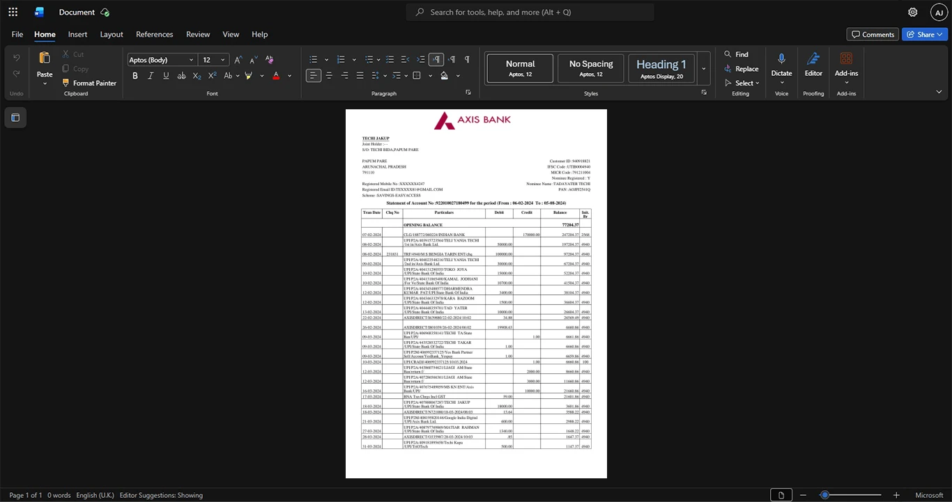 India Axis Bank Bank Statement Template, Standard printable layout in Word and PDF