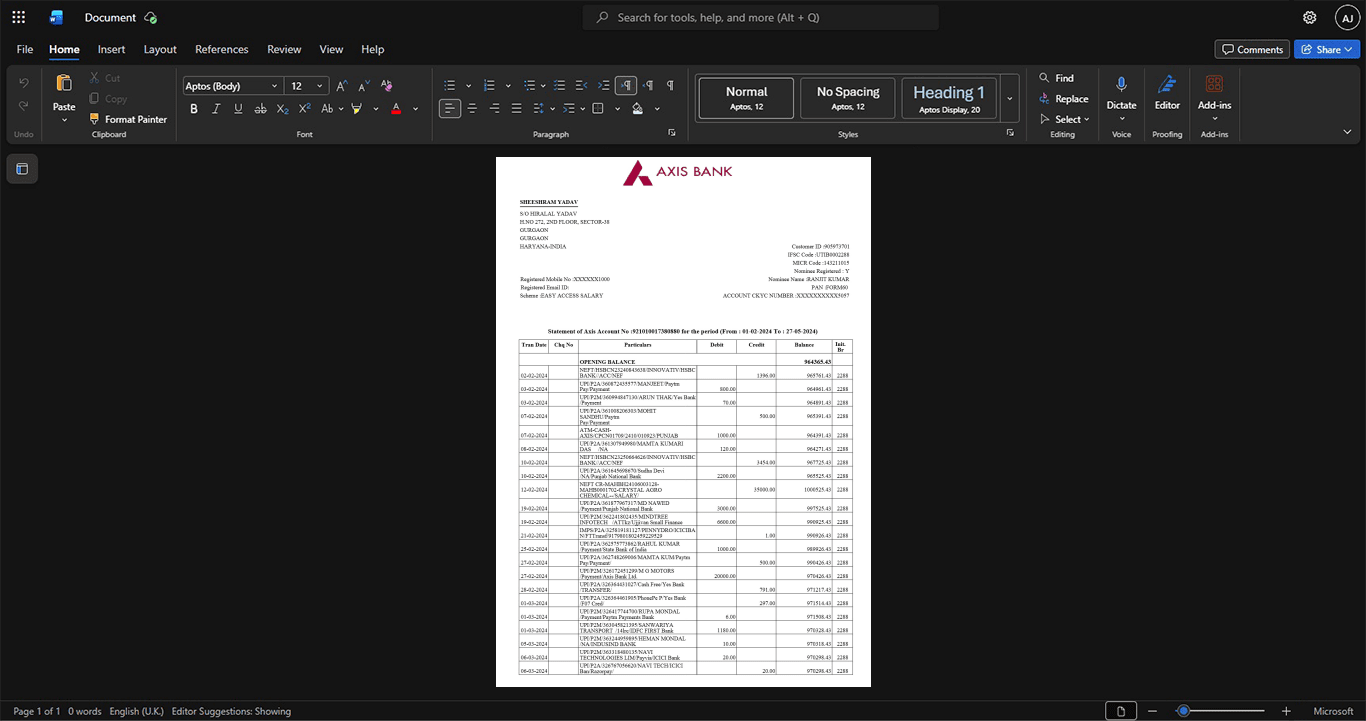India Axis Bank Bank Statement Template, Digital download template in Word and PDF