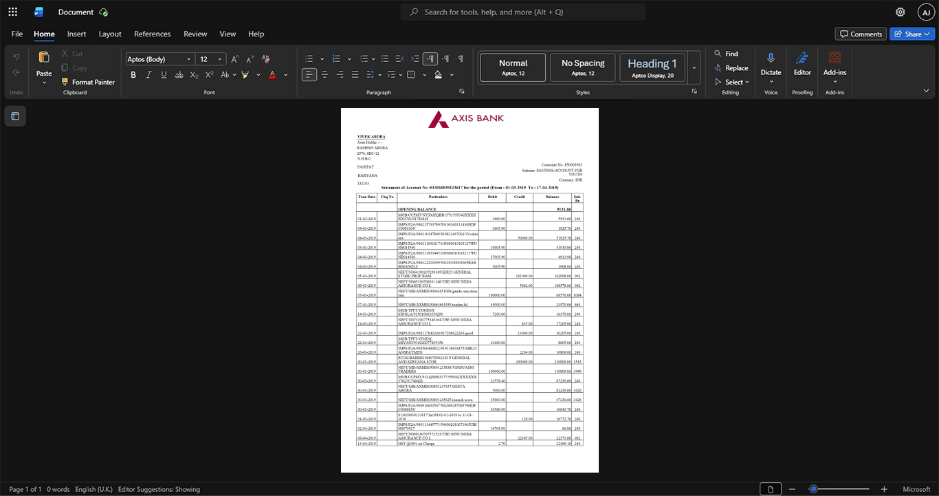 India Axis Bank Bank Statement Template, Easily modifiable Word and PDF format