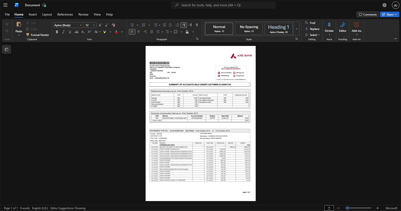 India Axis Bank Bank Statement Template, Ready to use template in Word and PDF
