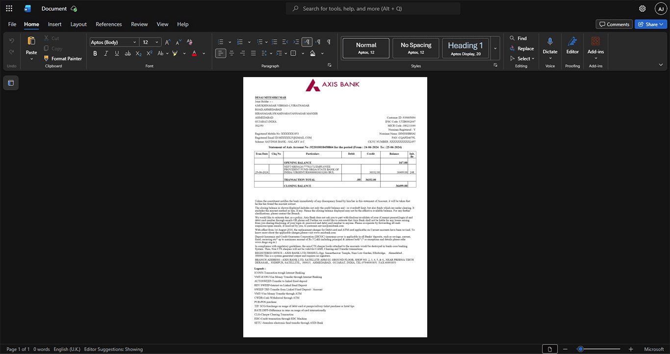 India Axis Bank Bank Statement Template, Customizable document in Word and PDF format