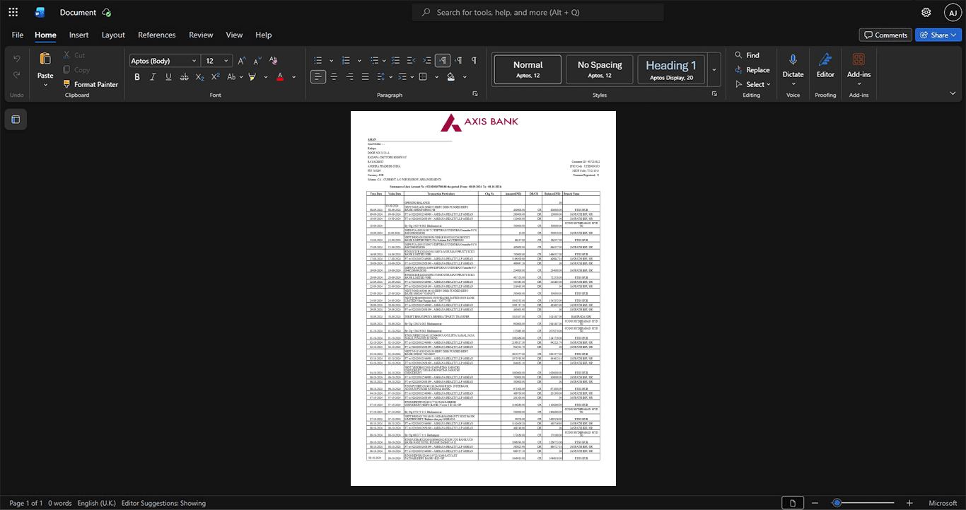India Axis Bank Bank Statement Template, Digital download file preview