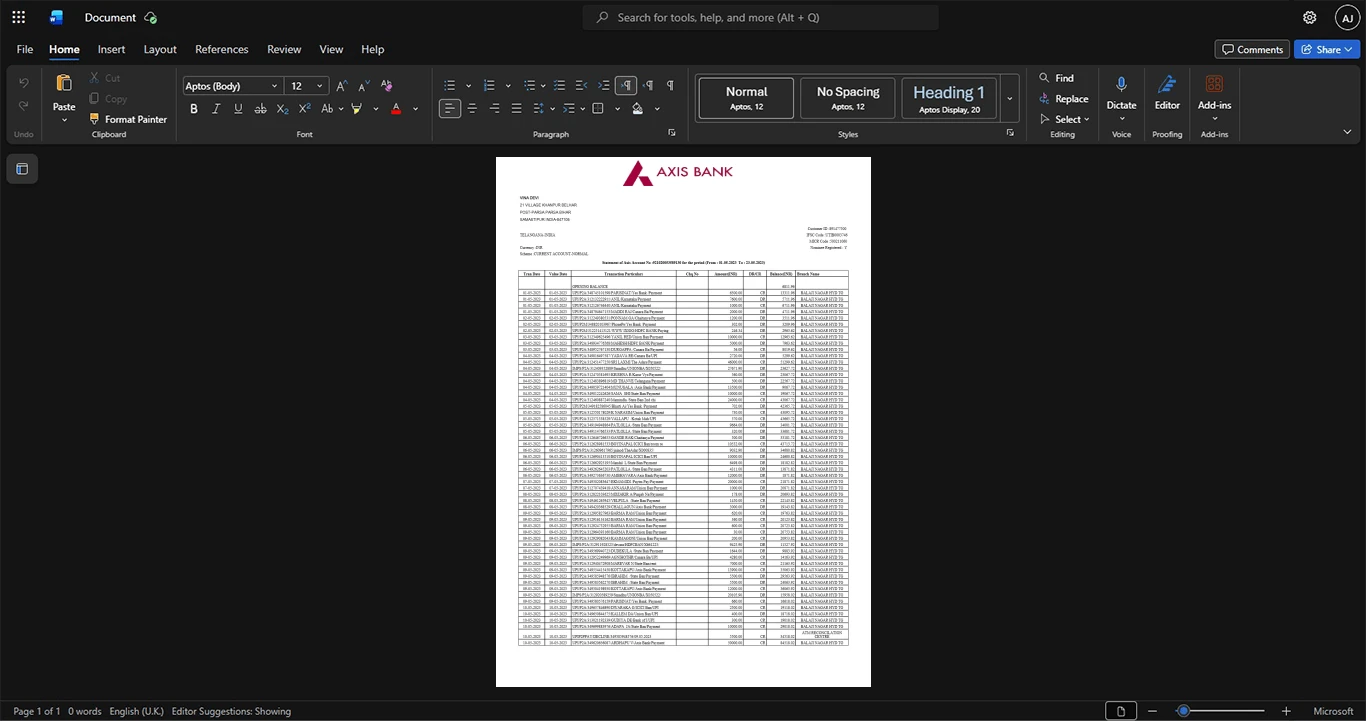 India Axis Bank Bank Statement Template, Customizable layout available in Word and PDF