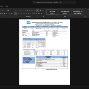 India Bangalore Electricity Supply Company Limited BESCOM Electricity Bill Template, Quick edit template in Word and PDF format