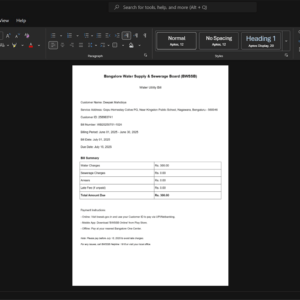 India Bangalore Water Supply and Sewerage Board BWSSB Water Bill Template, Easily modifiable Word and PDF format